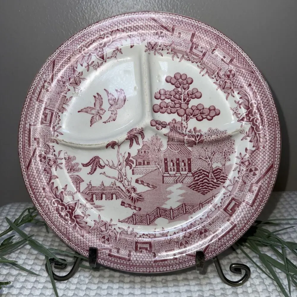 Vintage pink Rosa red Willow divided dinner plate outdoor scene birds, USA
